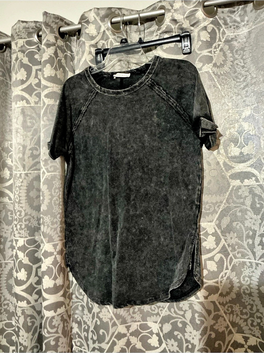 Zenana French Terry Washed Curved Hem Top Black M